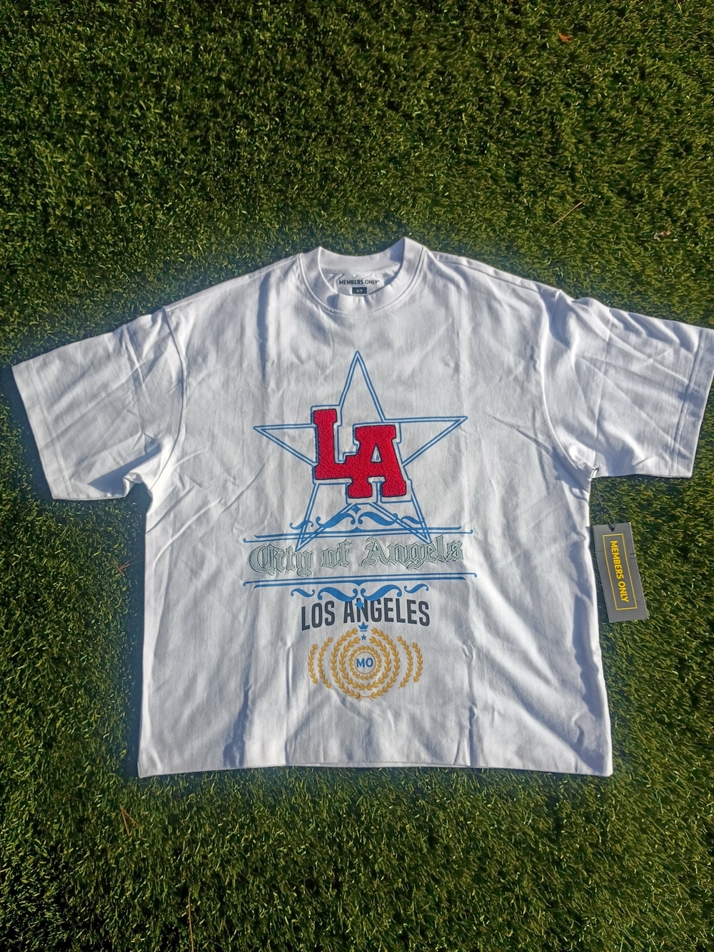 Members Only White Tee with Red & Blue LA Graphic